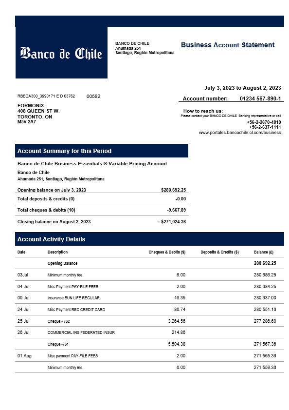 Déclaration d'organisation de la Banco de Chile Modèle Word et PDF